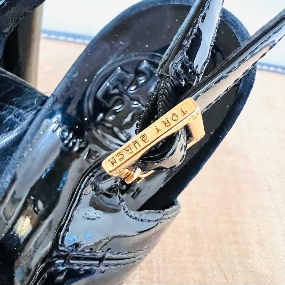 ❤️TORY Burch Black Suede Patent Leather Slingback "Gemma" Platforms Sz: 6.5M - Picture 4 of 9